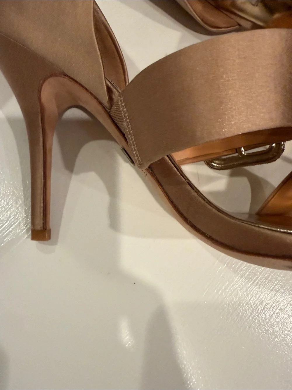 Badgley Mischka Satin D'Orsay Heels in Warm Champagne-Tan with Crystal Buckle.